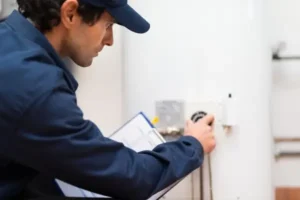 Heating technician performs final checks during furnace installation in portland OR home