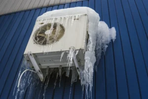 A frozen heat pump unit covered in snow and ice